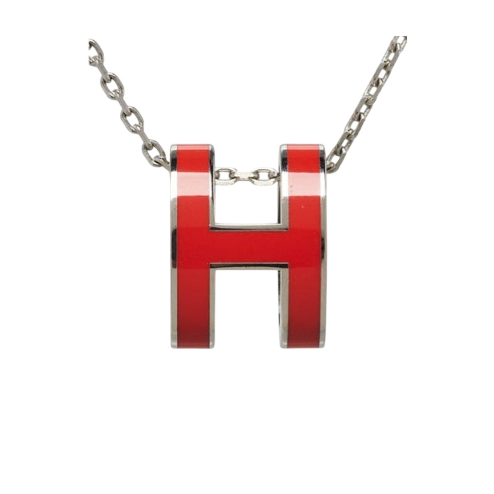 Hermes Red Enamel And Palladium Plated Pop H Pendant Necklace